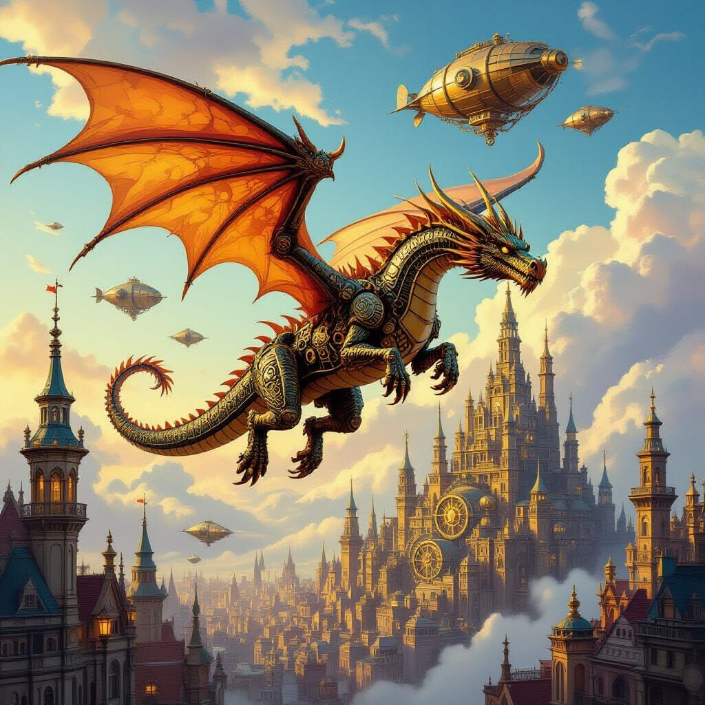 Clockwork Dragon Over Steampunk City in Dramatic Light