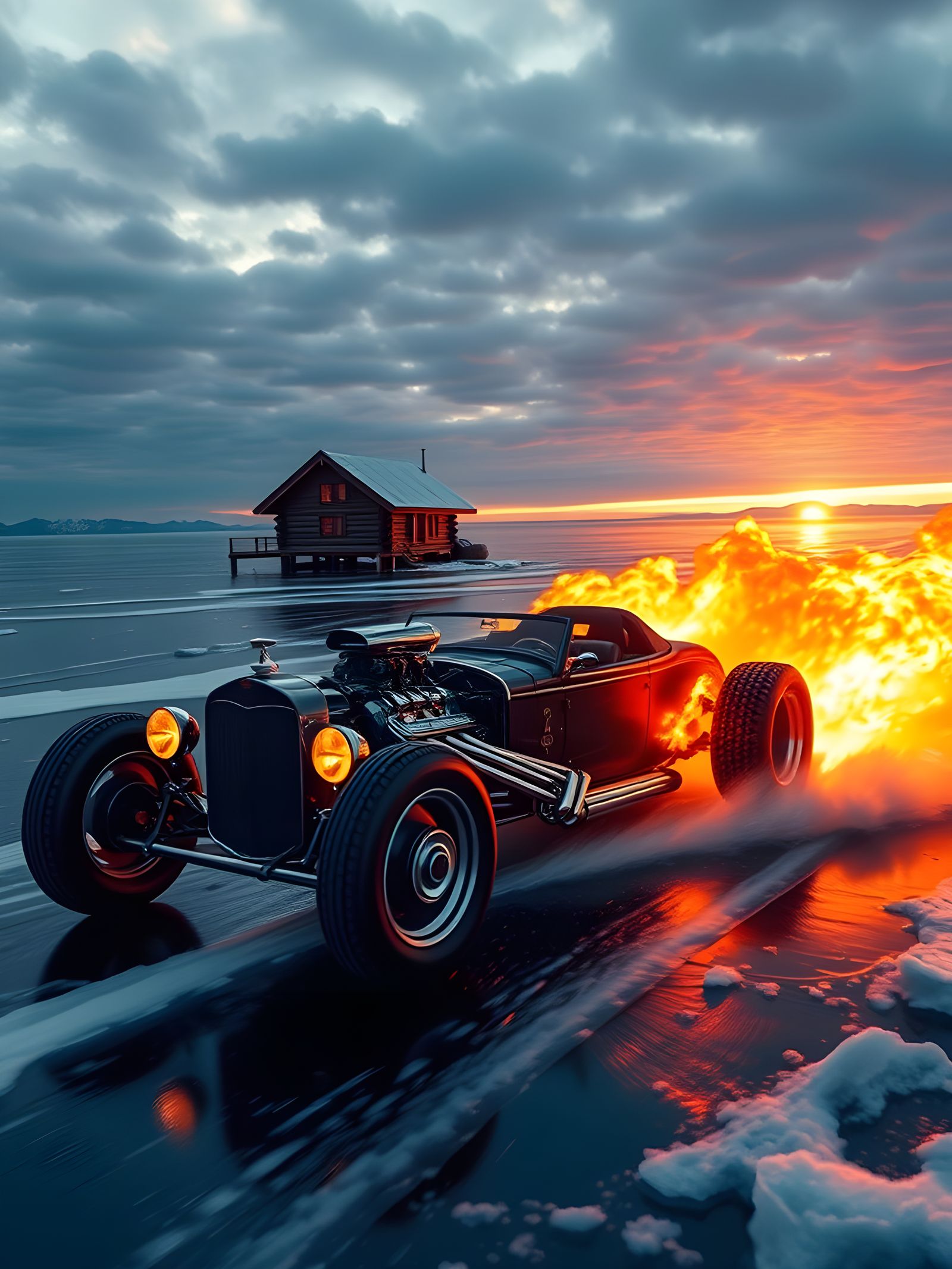 Sleek Future Hot Rod Plows Through Icy Sea in Sunrise