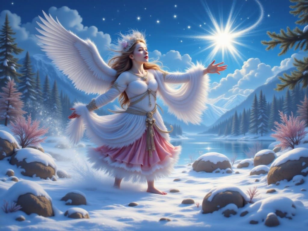 Elegant Albino Cellist in Snowy Landscape