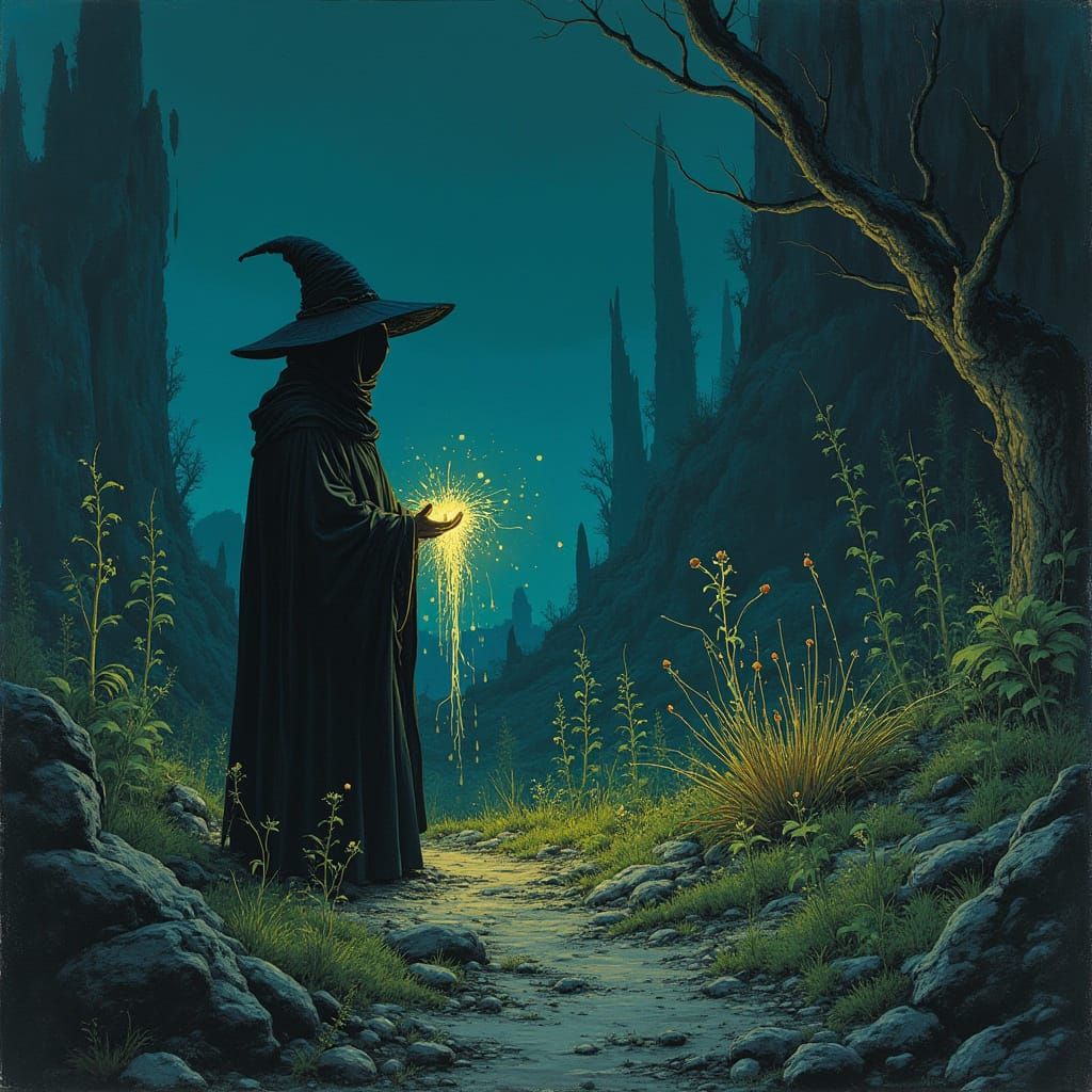 Witch Tends Alien Garden with Bioluminescent Flora