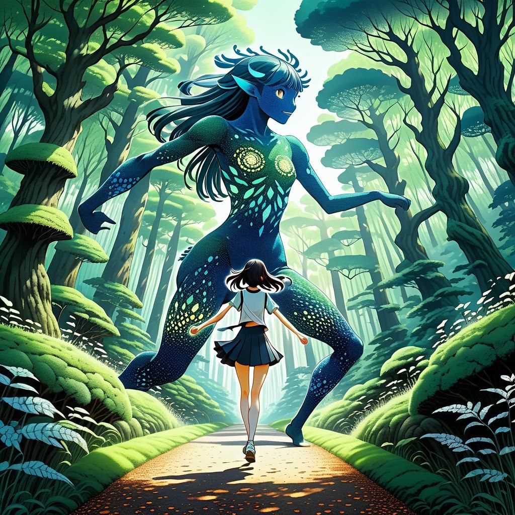 Anime Girl Dancing with Elemental Creatures: Pointillist Art