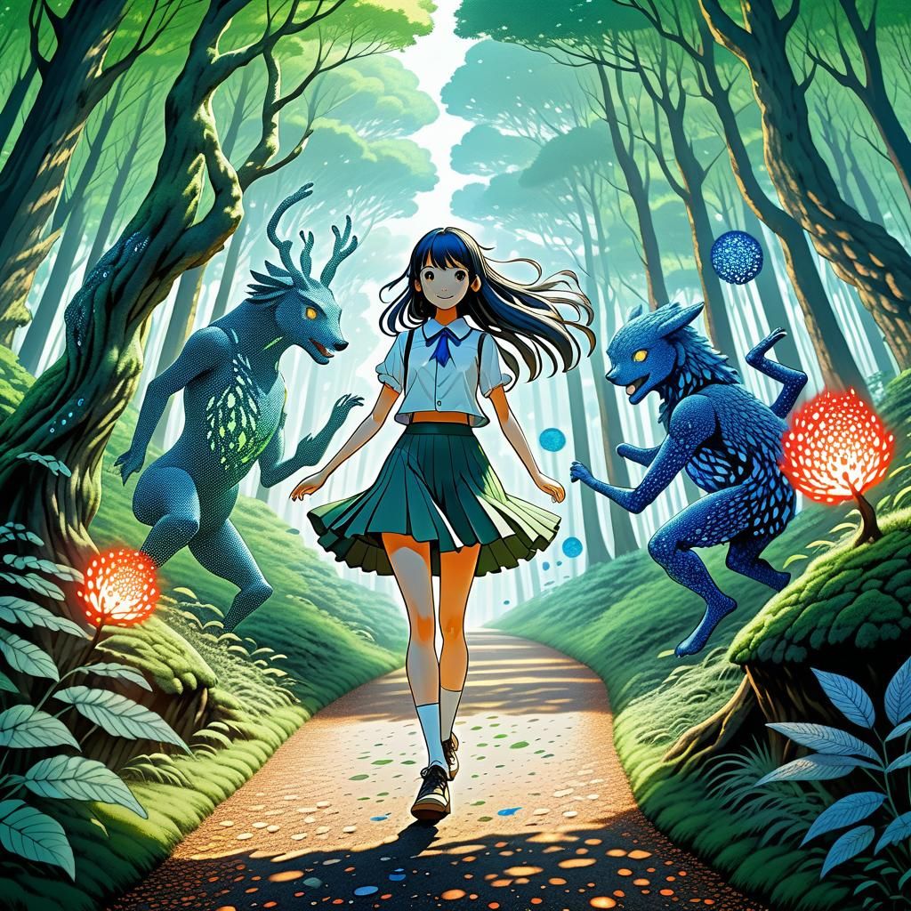 Anime Girl Dancing with Elementals in Pointillism Style