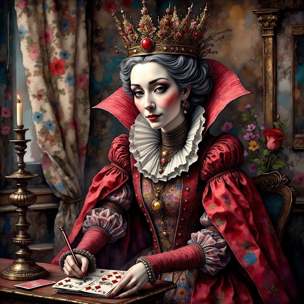 Queen of Hearts Portrait in Ornate Digital Art Style