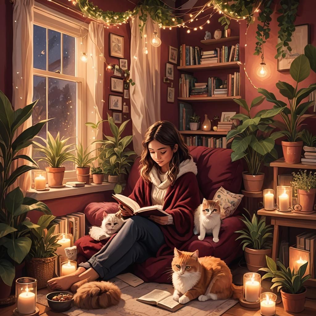 Girl Reading in Cozy Nook with Cat in Watercolor