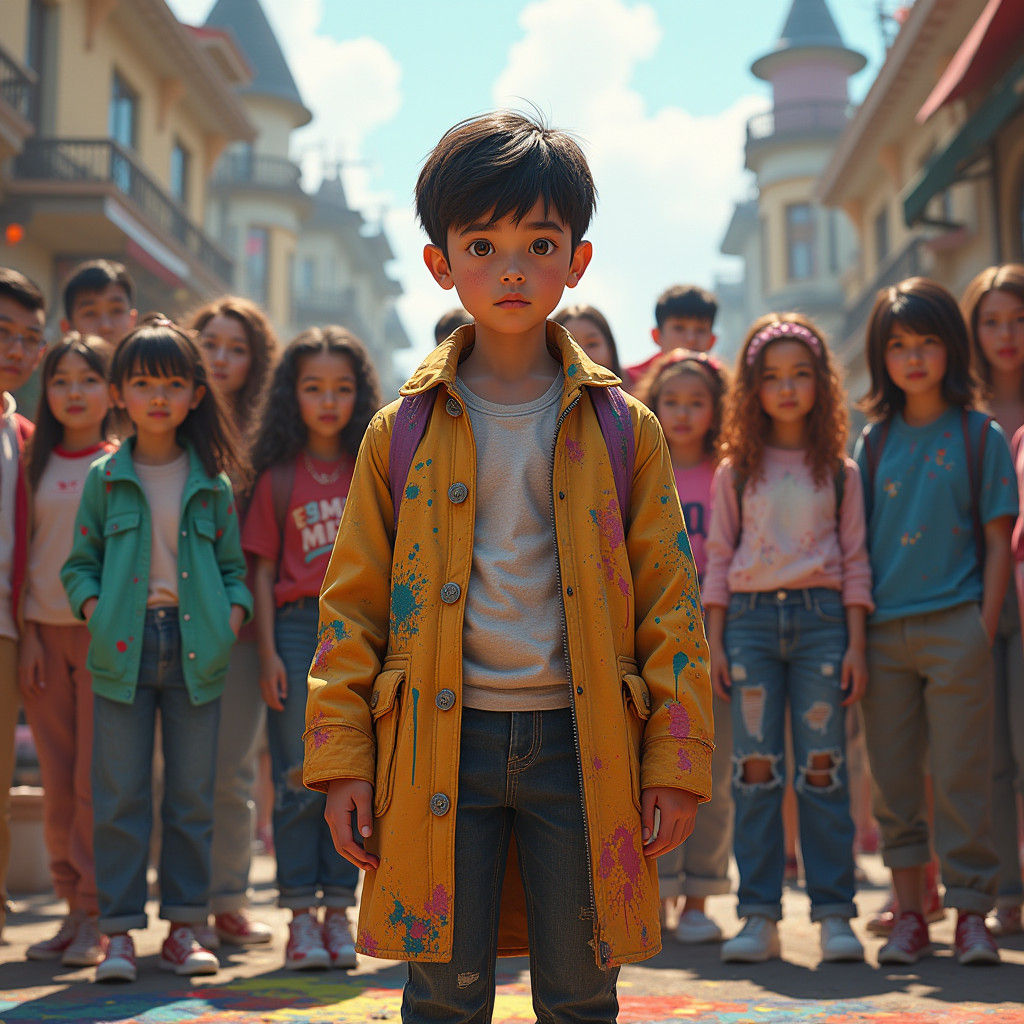 Boy in Painted Coat Surrounded by American Girls