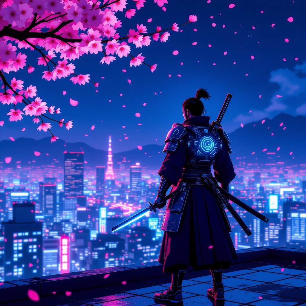 Cybernetic Samurai Overlooking Neon Tokyo in Vaporwave Style