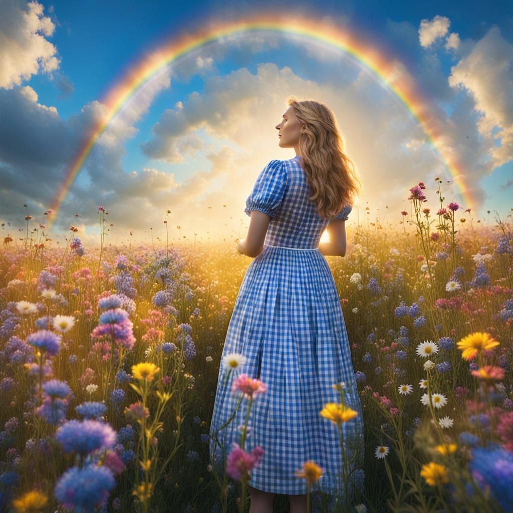 Surreal Woman and Rainbow in Wildflower Field