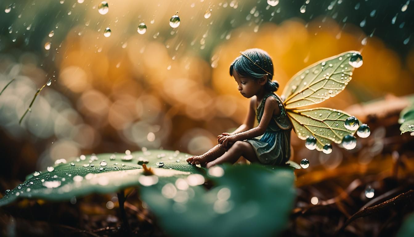 Tiny Fairy Under Leaf in Moody Cinematic Scene