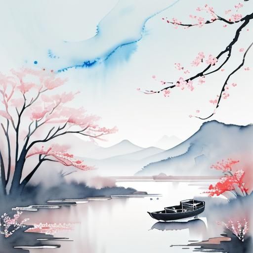 Lunar New Year River Scene in Watercolor Style