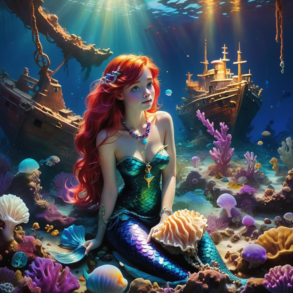 Red-Haired Mermaid with Shipwreck, Fantasy Concept Art