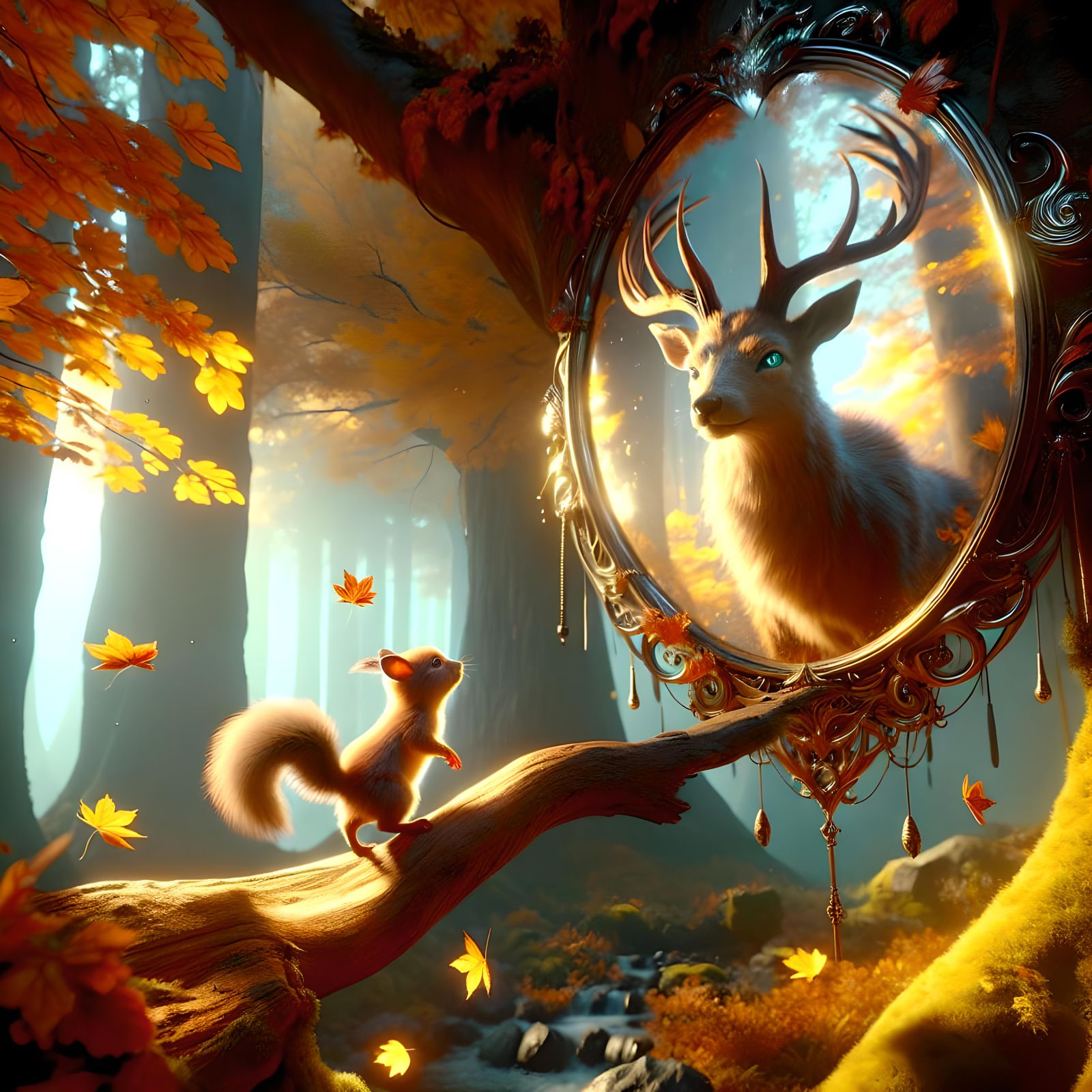 Squirrel's Dream: Stag Reflection in Magical Forest