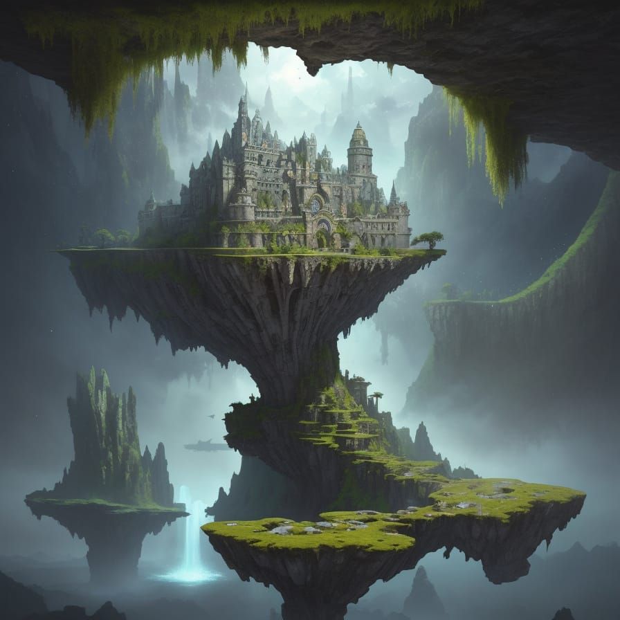 Surreal Landscape with Floating Islands and Upward Waterfall...