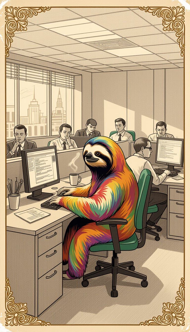 Vibrant Sloth in Sepia Office Scene