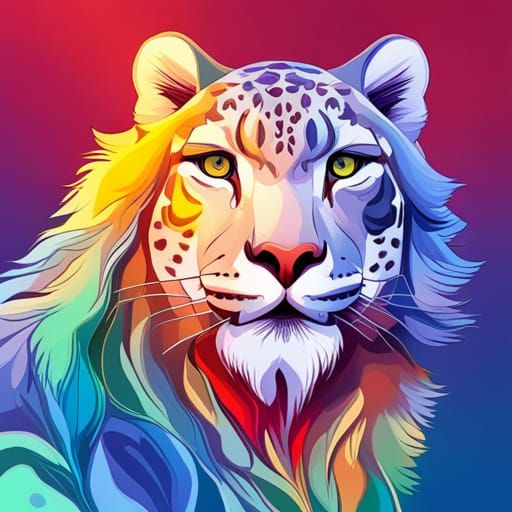 Rainbow Snow Leopard Portrait in Ethereal Style
