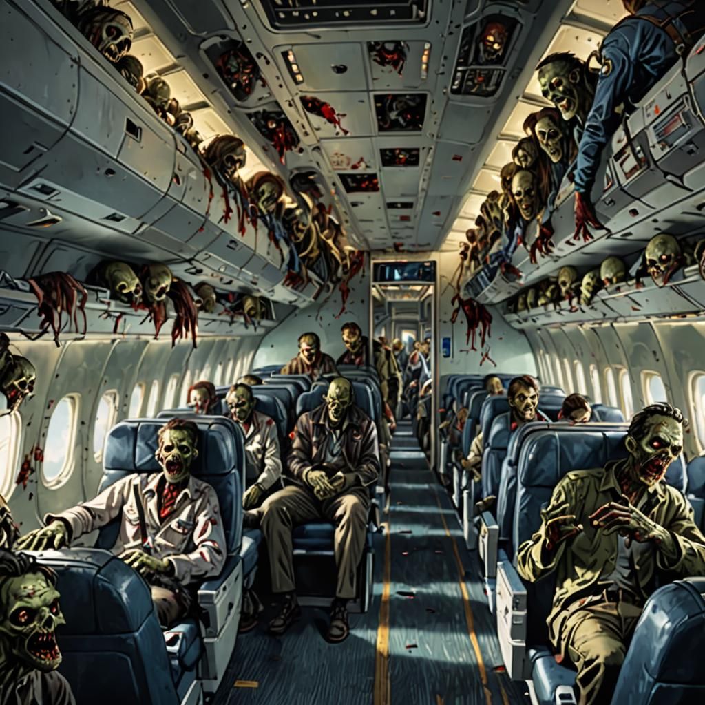 realistic image of the interior of an airplane with all zombies sitting in their seats"