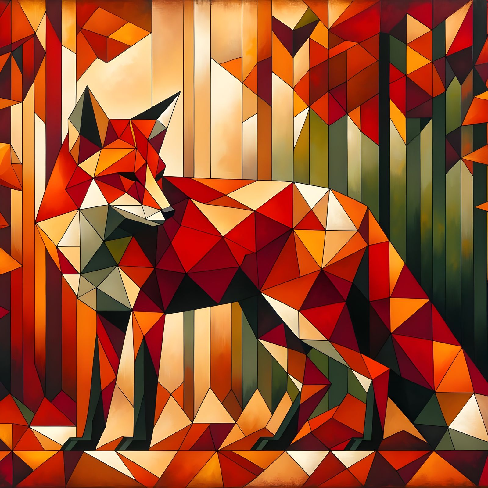 Geometric Abstract Red Fox in Autumn Hues