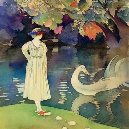 Poetesses and Loch Ness Monster in Art Nouveau Style