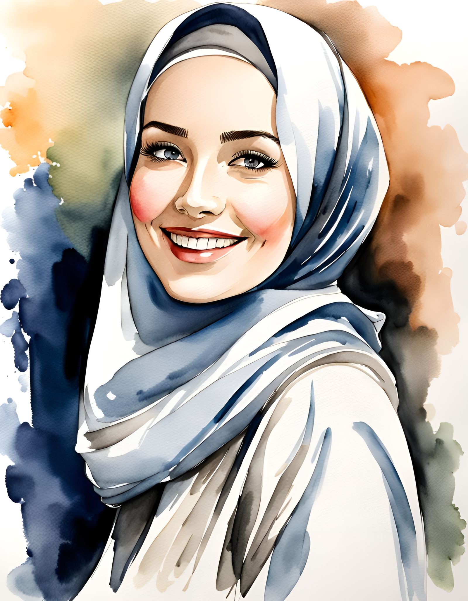 Elegant Hijab Woman Smiling in Watercolor