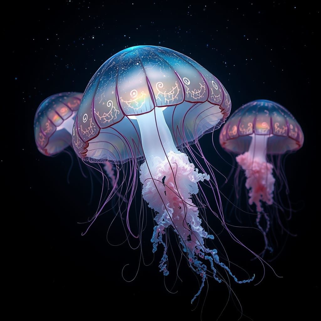 Bioluminescent Jellyfish Drifting Through Starry Space