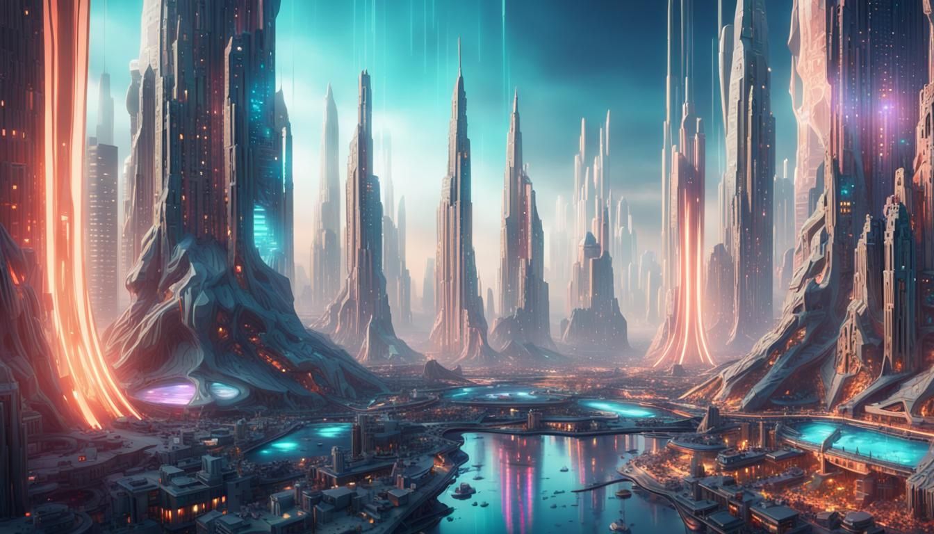 Beautiful futuristic alien city that is "very crystalline" in appearance and shape. Hyperrealistic, splash art, concept ...