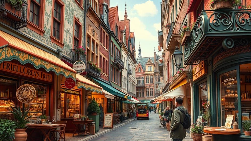 Charming Local Community Street Scene in Art Nouveau Style