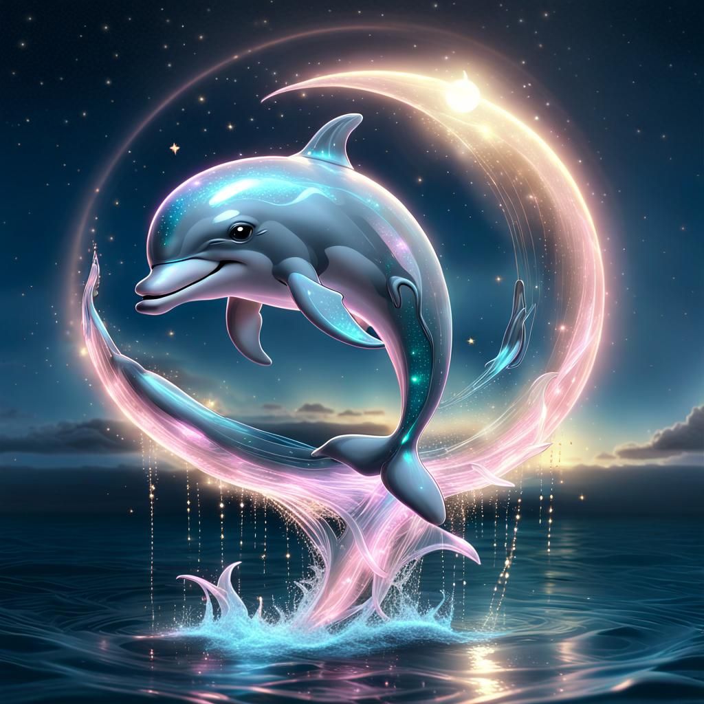 Bioluminescent Dolphin Leaping from Magical Ocean