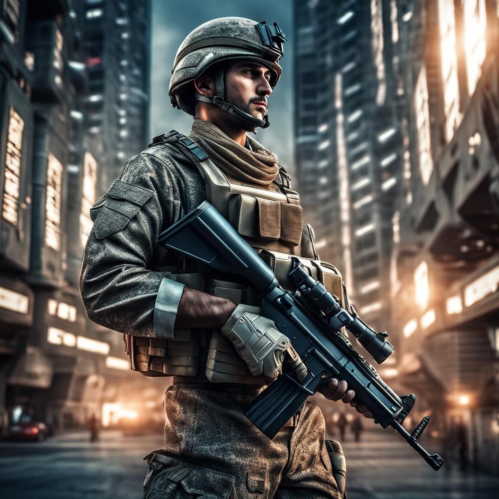 Turkish Soldier in Hyperrealistic Futuristic Cityscape
