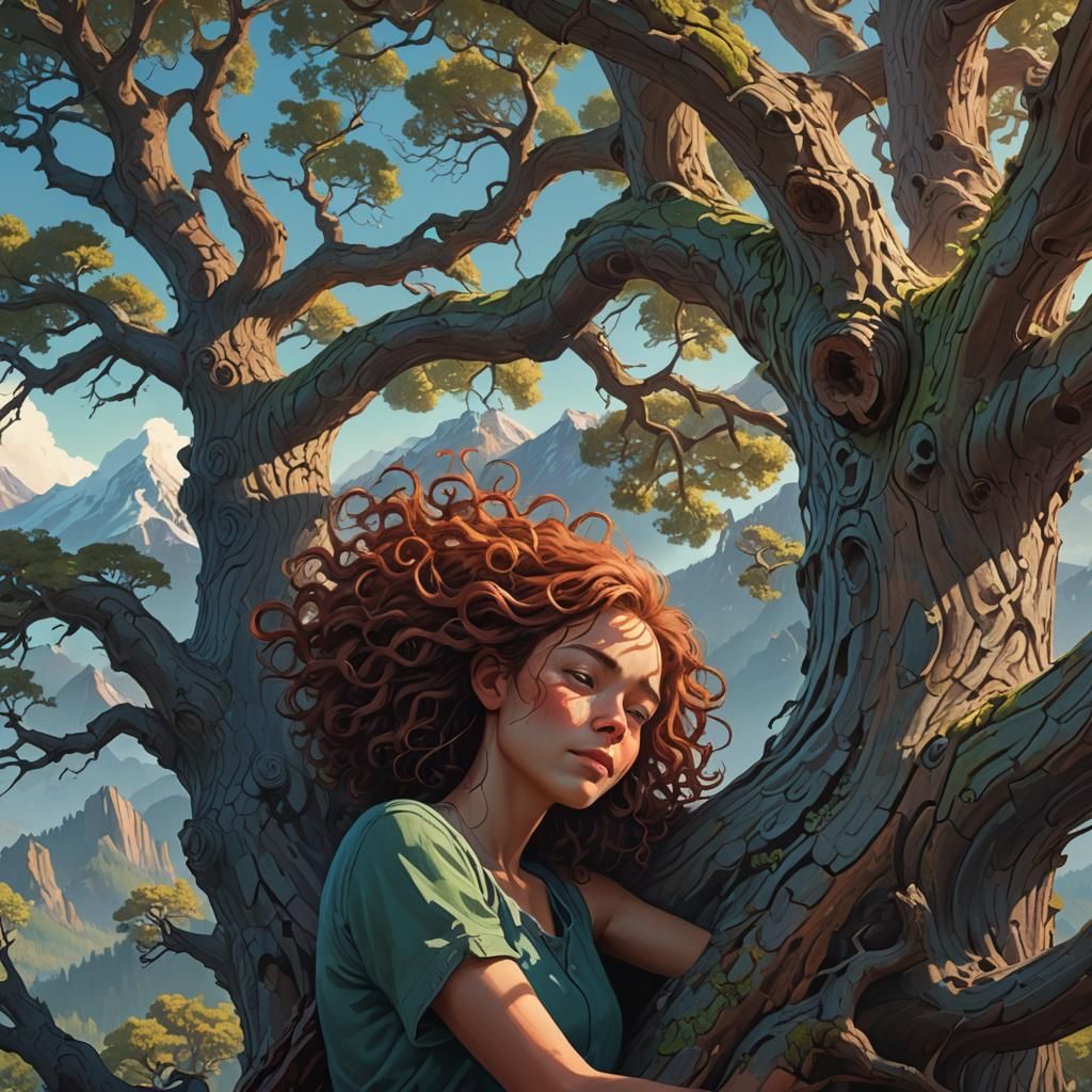 Woman Sleeping in Tree: Whimsical Fantasy Art