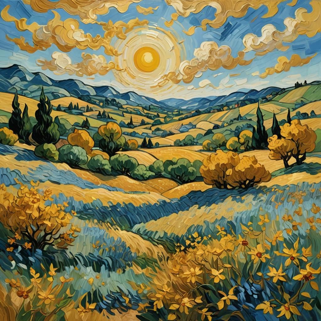 Golden Landscape in Van Gogh Impasto Style