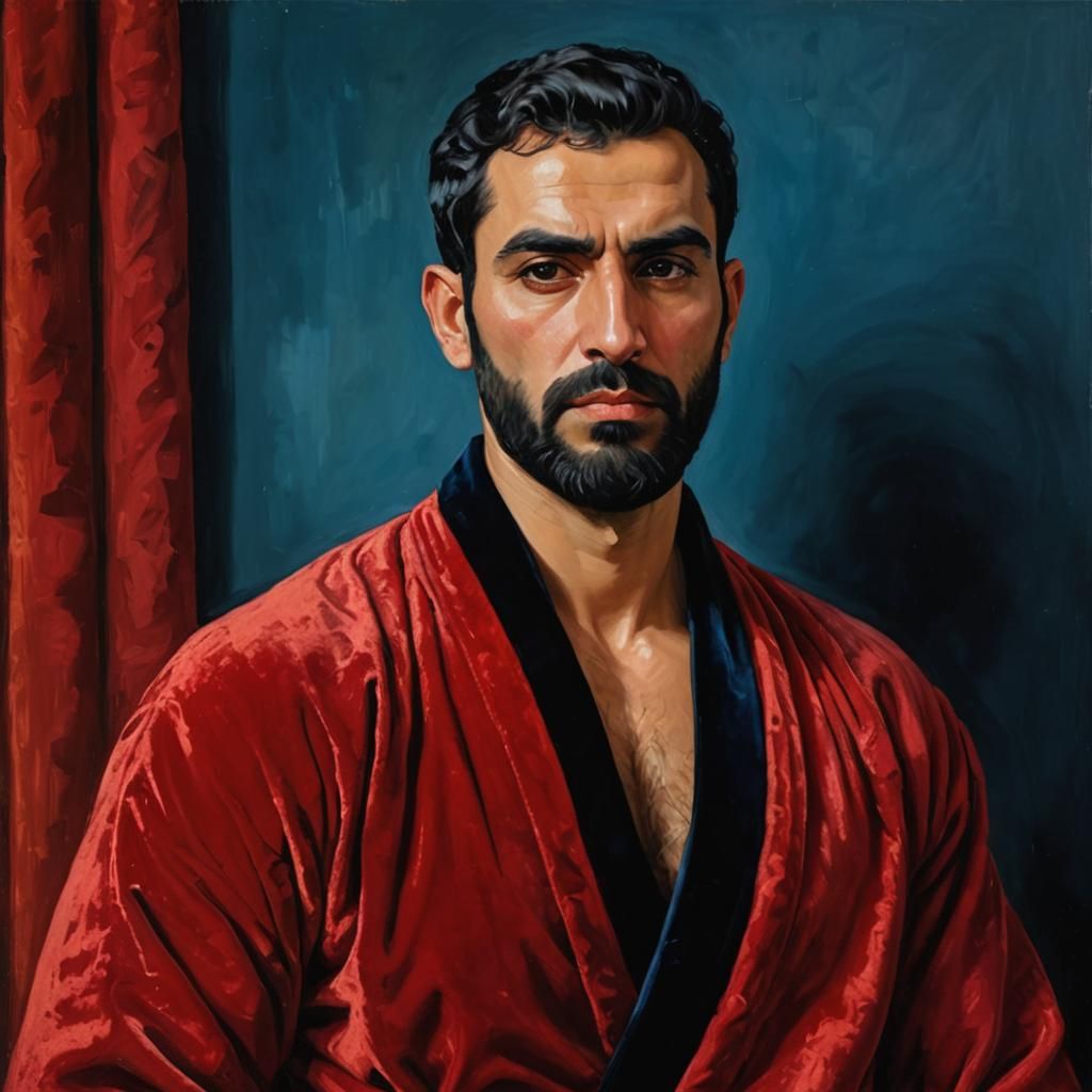 Sad Man in Velvet Robe: Neo-Impressionist Oil Painting
