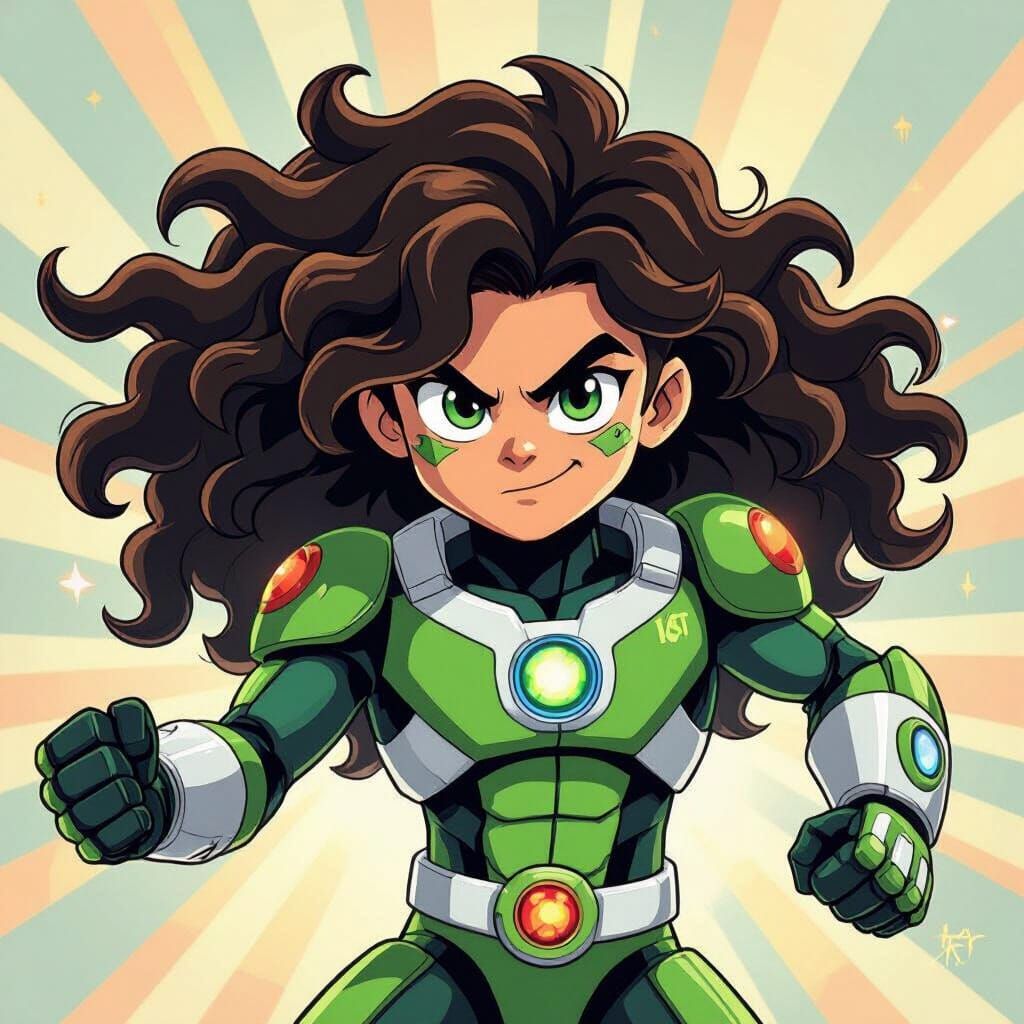 Ben 10 with Long Curly Hair in Cartoon Style