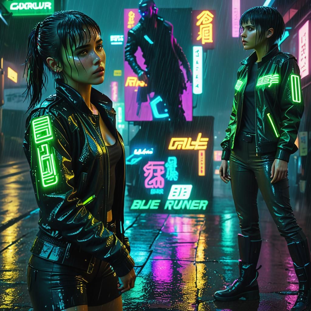 Cyberpunk Woman in Rainy Neon Cityscape