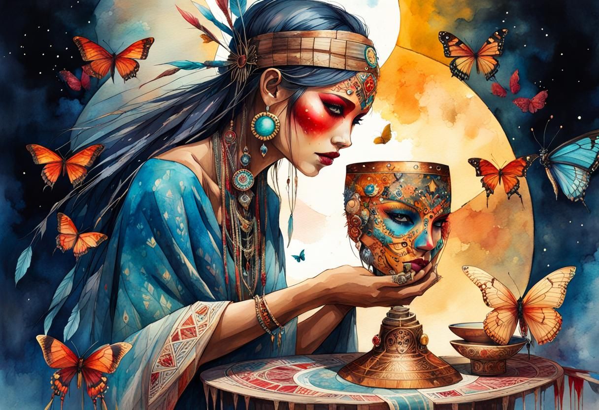 Aztec Bird Woman with Sugar Skull in Watercolor