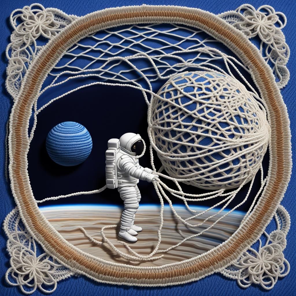 Astronaut Pulling Jupiter with Blue Lace Net
