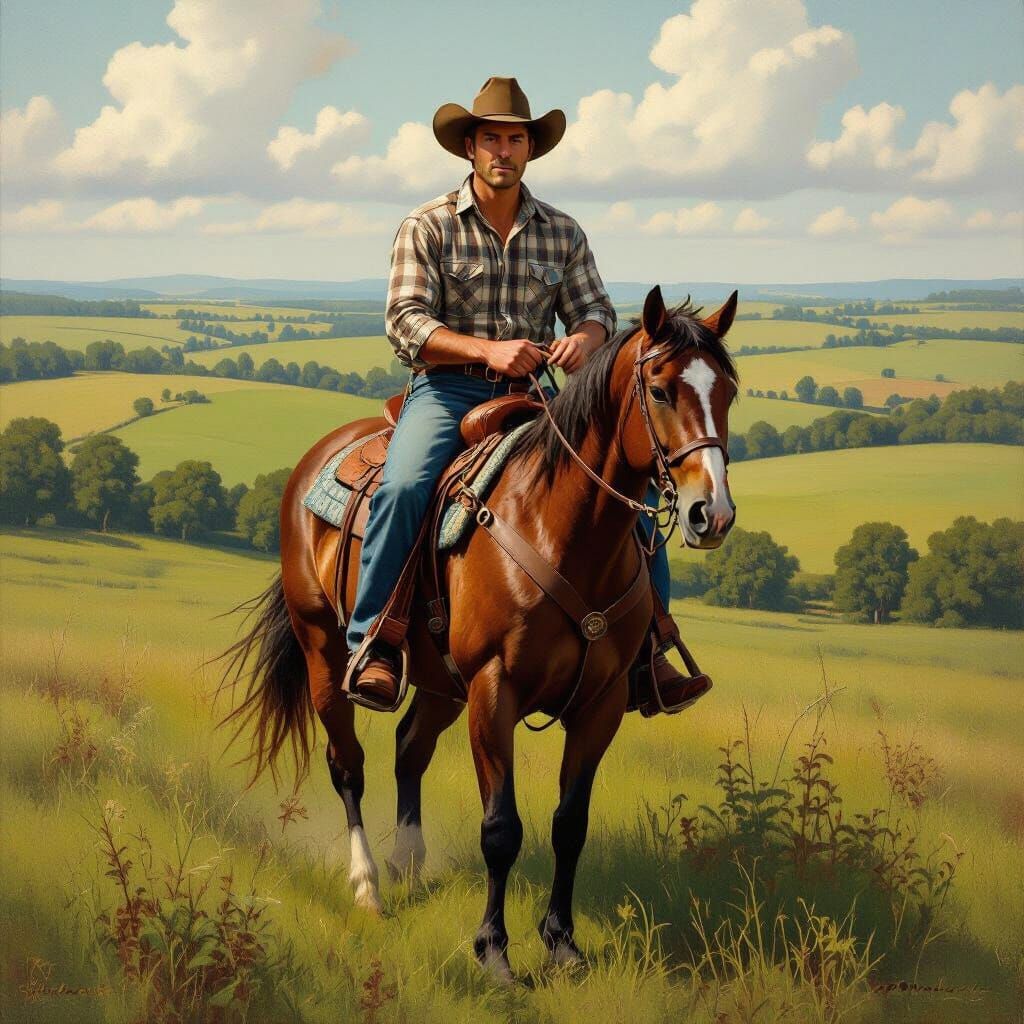 Country Gentleman on Horseback in Rural Landscape
