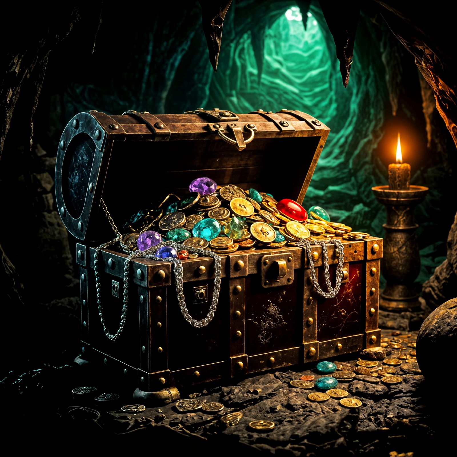 Treasure Chest Overflowing with Jewels in Cave