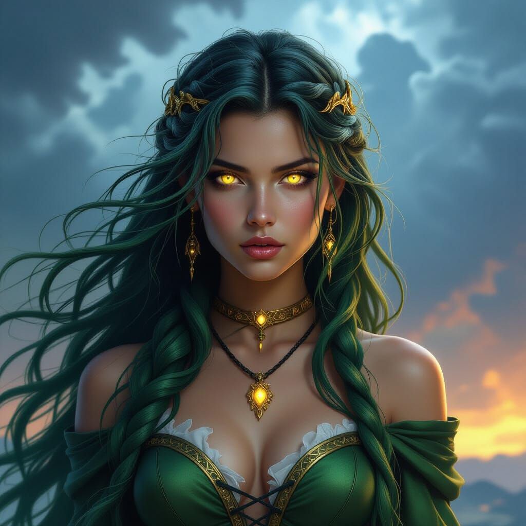 Fantasy Medusa Woman with Green Hair in Stormy Sky