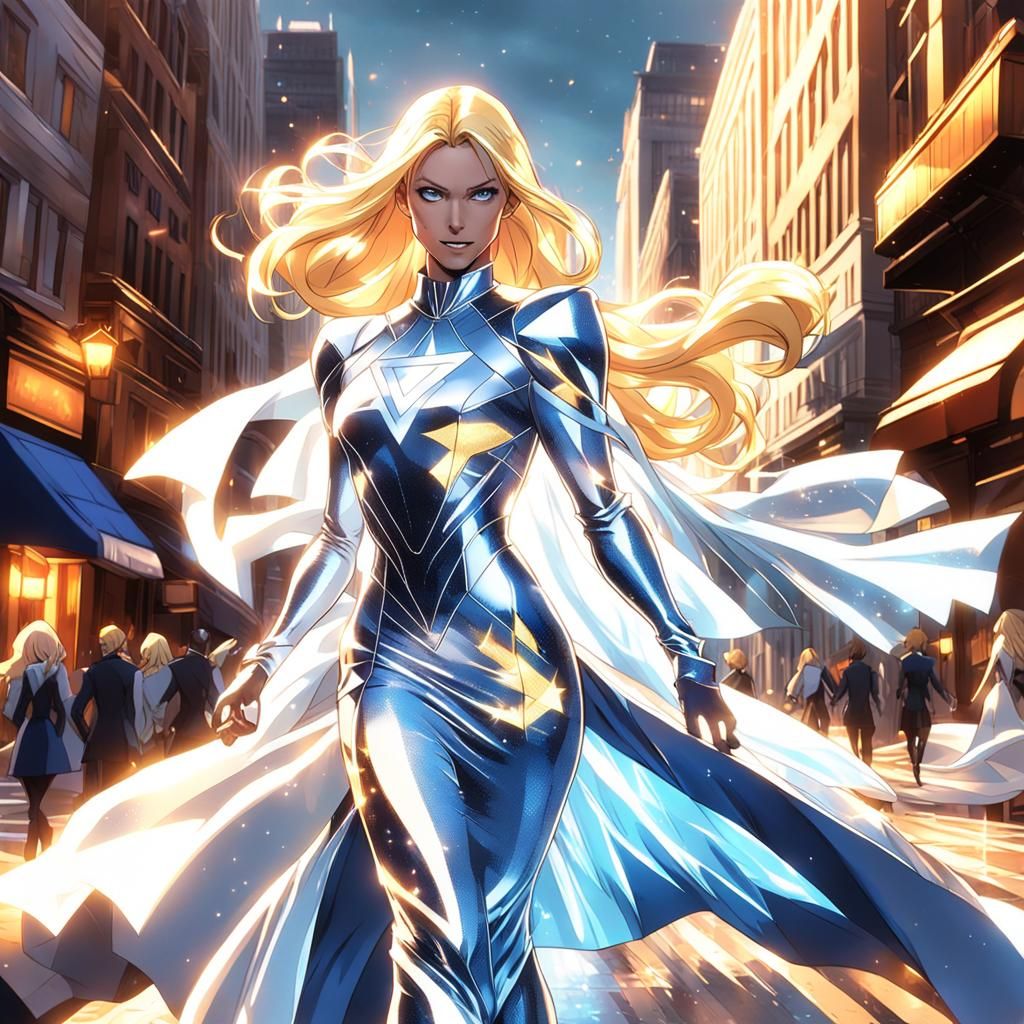 Emma Frost walking down the street.