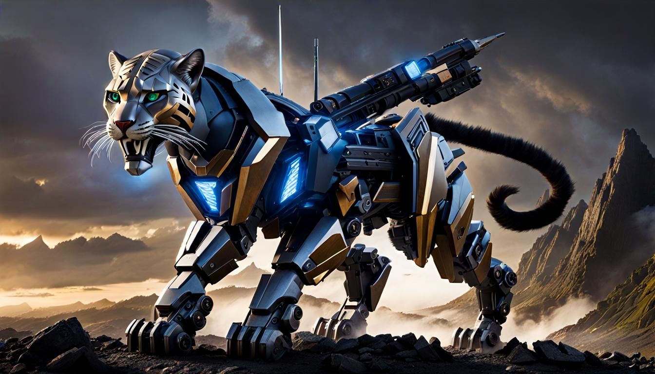 Cybernetic Panther Prowling Dark City Streets