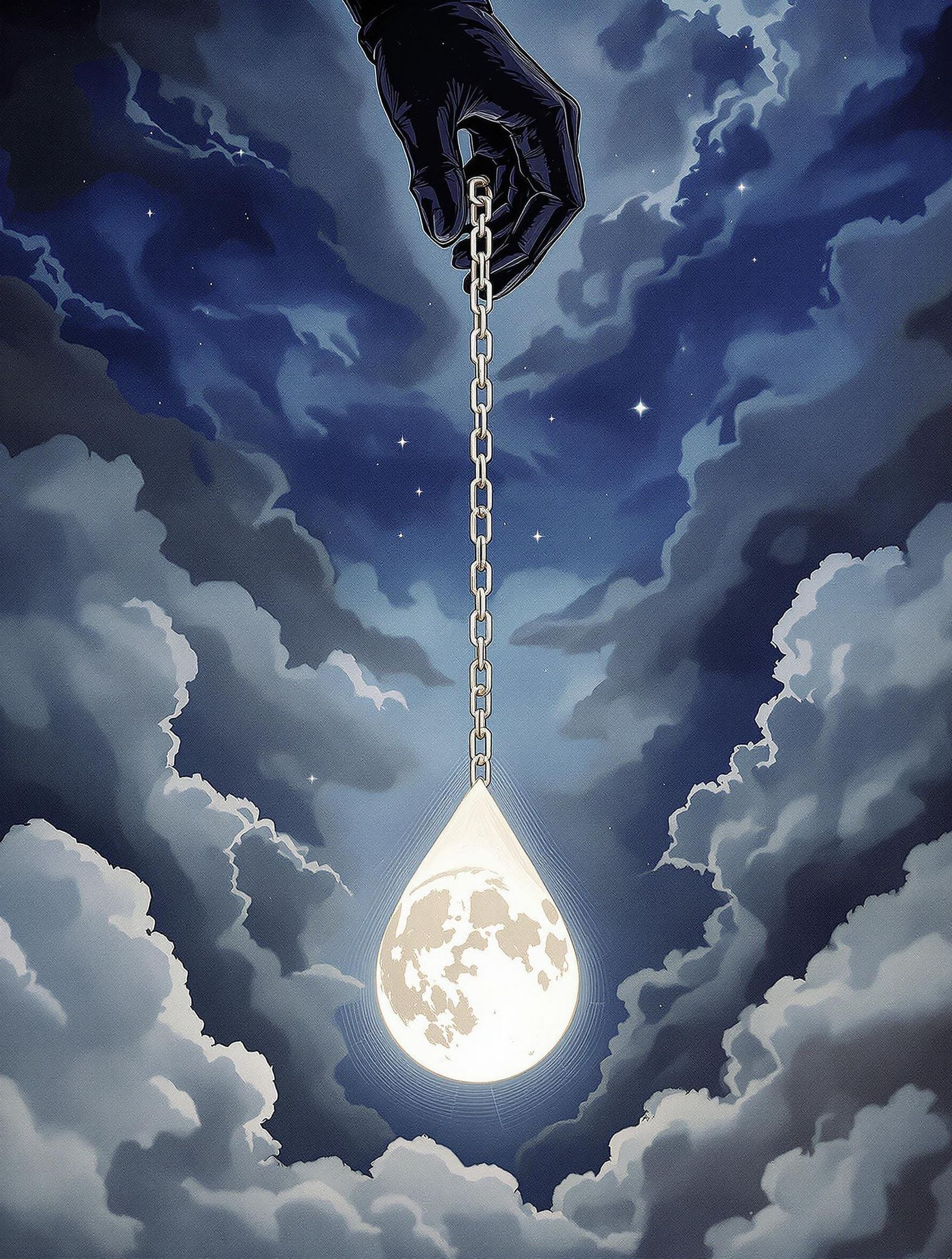 Celestial Figure Suspended by Moonlit Chain in Stormy Indigo...