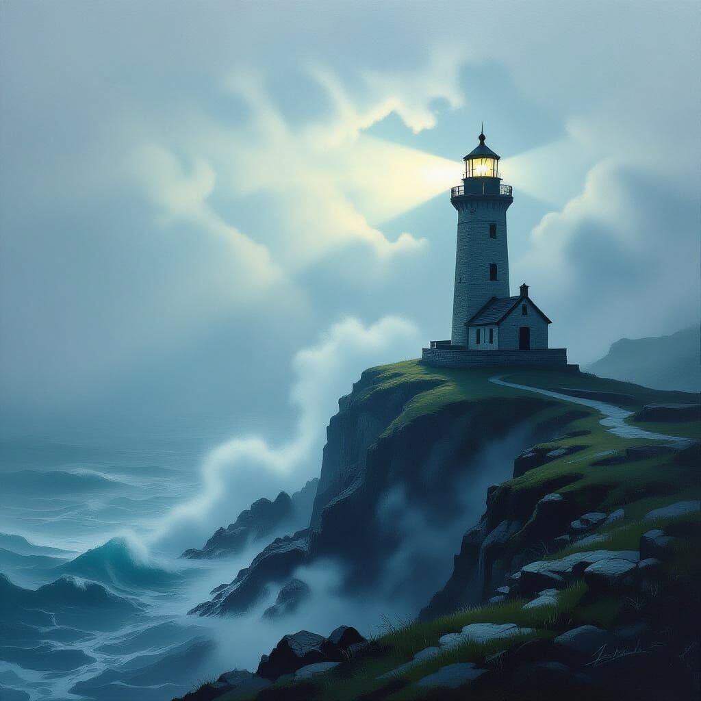 Ancient Lighthouse in Fog, Dramatic Oil Painting Style