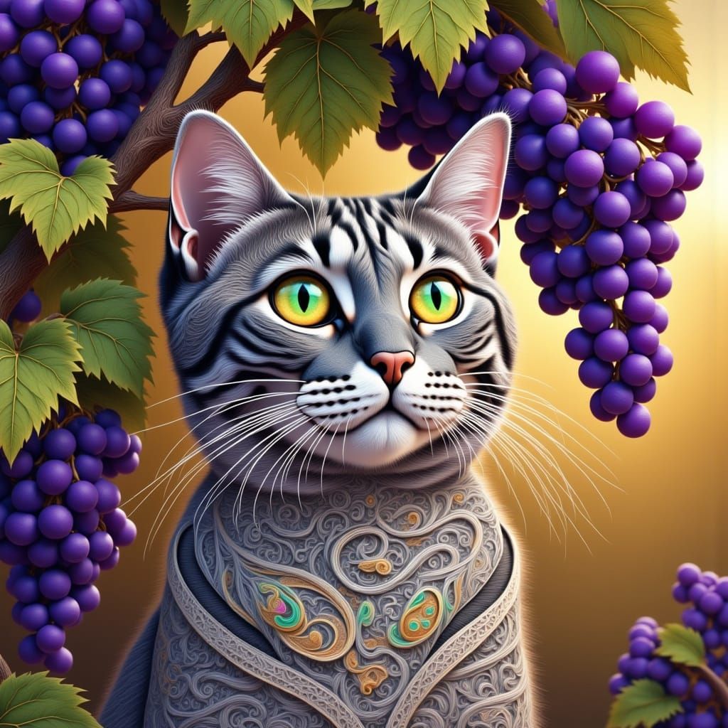 Whiskered Cat in Lush Vineyard Landscape, in Impressionist S...