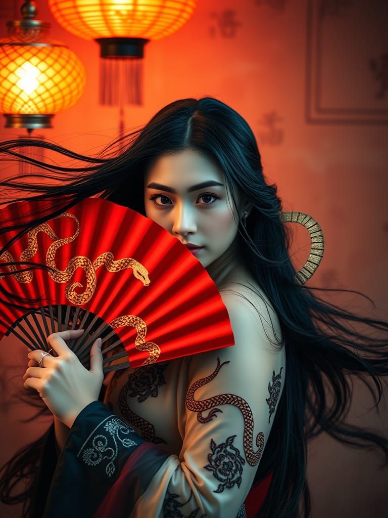 Enigmatic Woman with Crimson Fan and Golden Snake