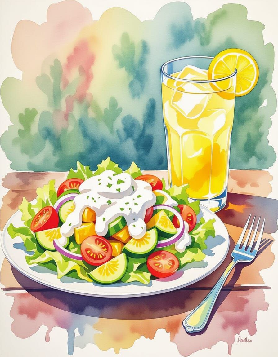 Vibrant Salad and Lemonade in Watercolor Splash Style