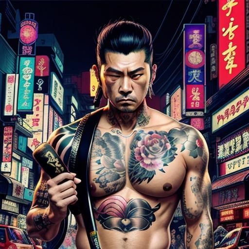 Tattooed Yakuza Boss in Futuristic Tokyo: Surreal Art