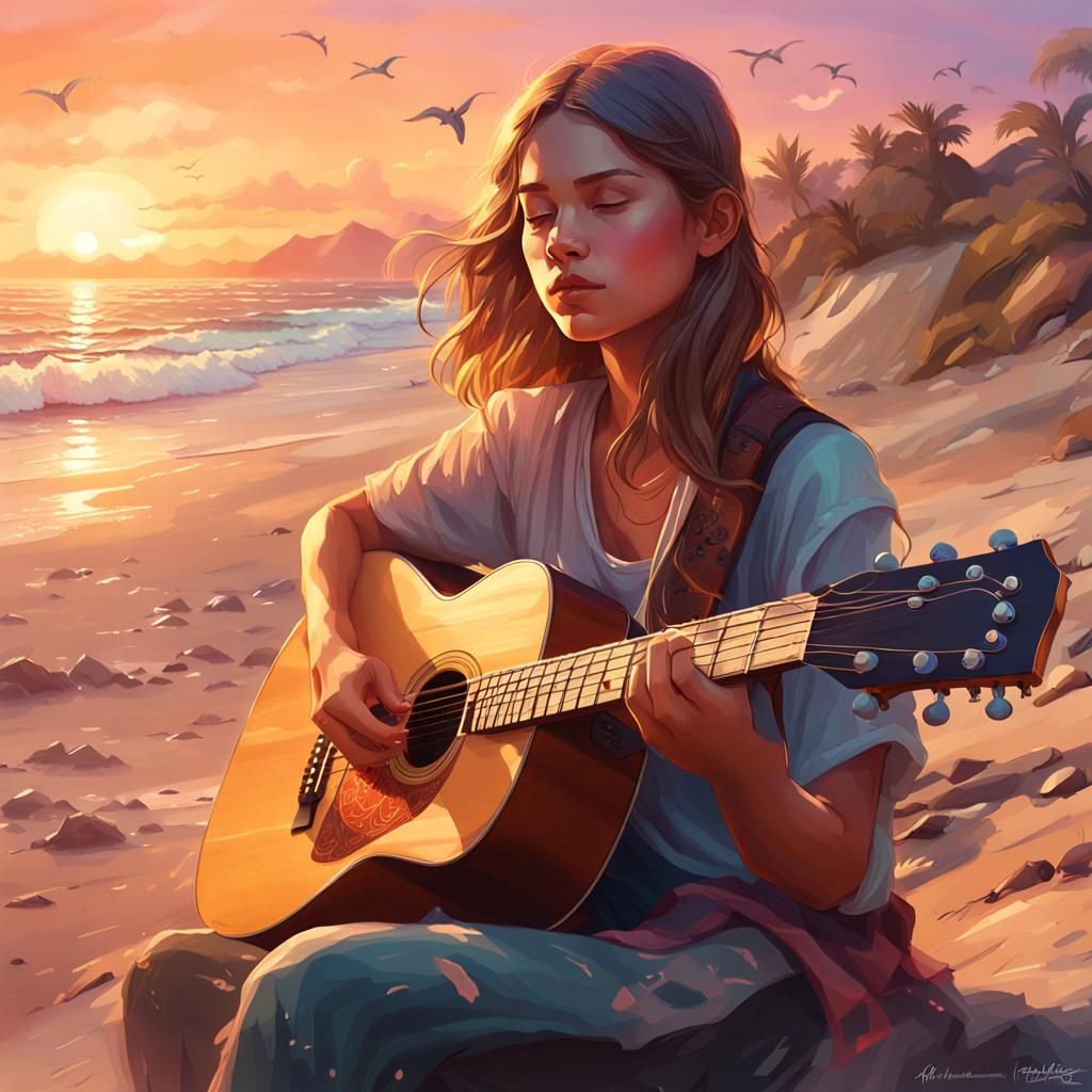 Girl Plays Guitar on Beach at Sunset