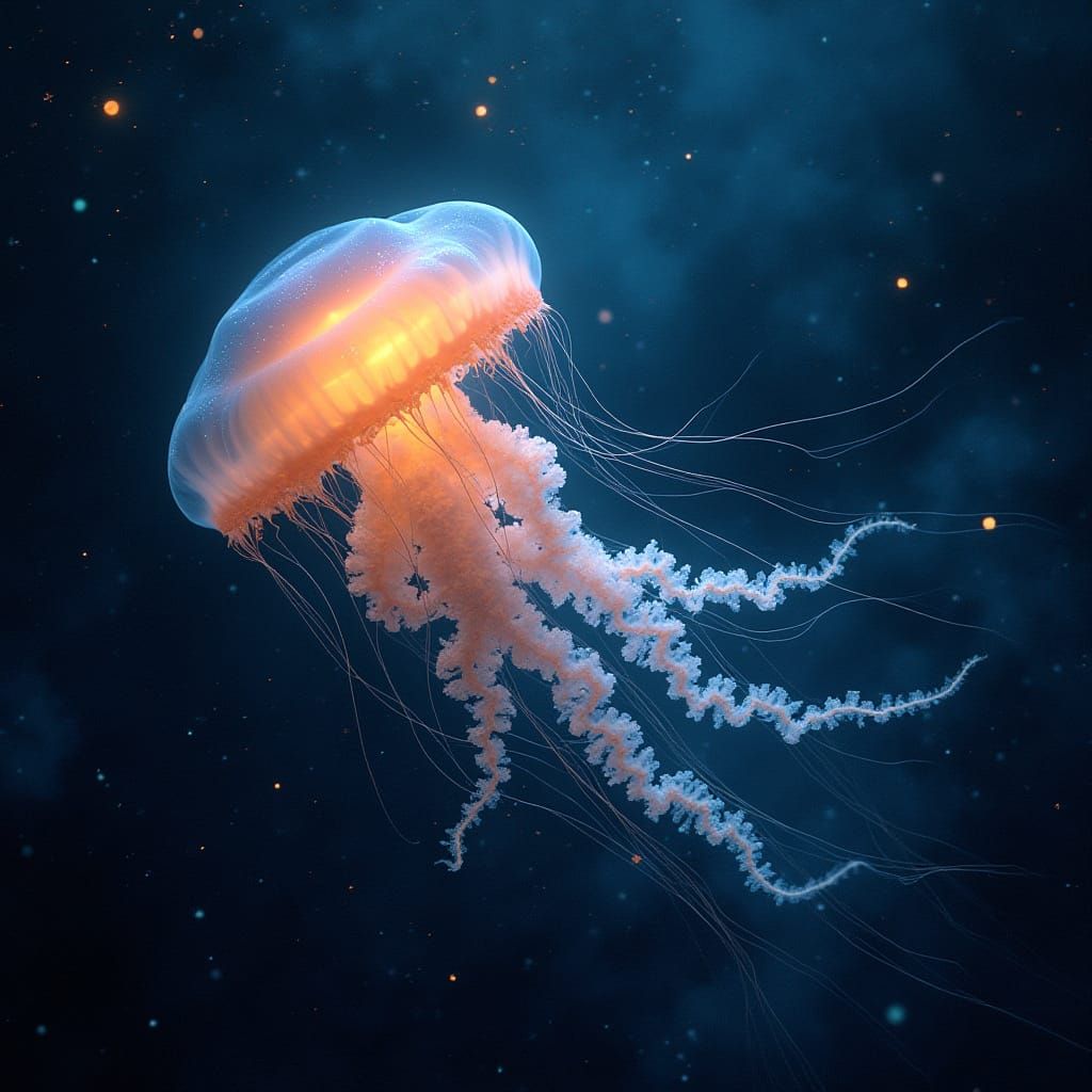 Bioluminescent Jellyfish Drifting Through a Cosmic Nebula