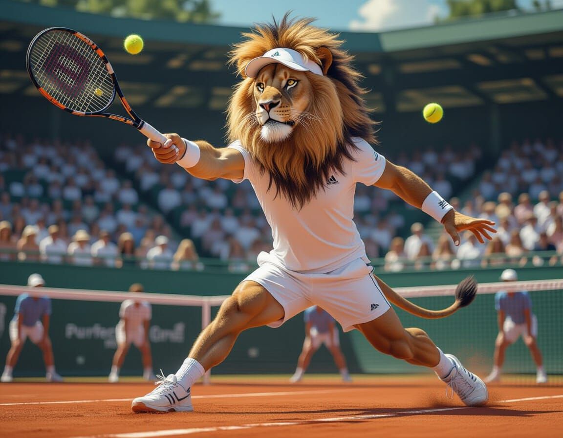Lion Athlete on Clay Court in Hyperrealistic Style
