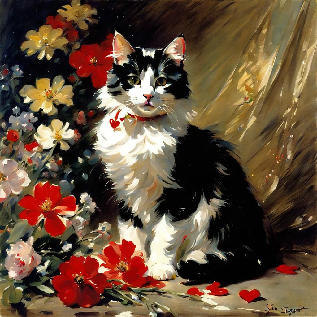Cat Portrait with Flowers in Impressionistic Style