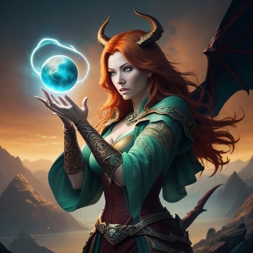 Fantasy Art: Dragon, Wizard, and Woman with Orb